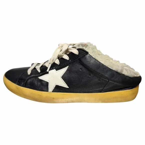 GOLDEN GOOSE Super-Star Sabots in Black Leather w/ Shearling Lining Sz 39 (US 8)